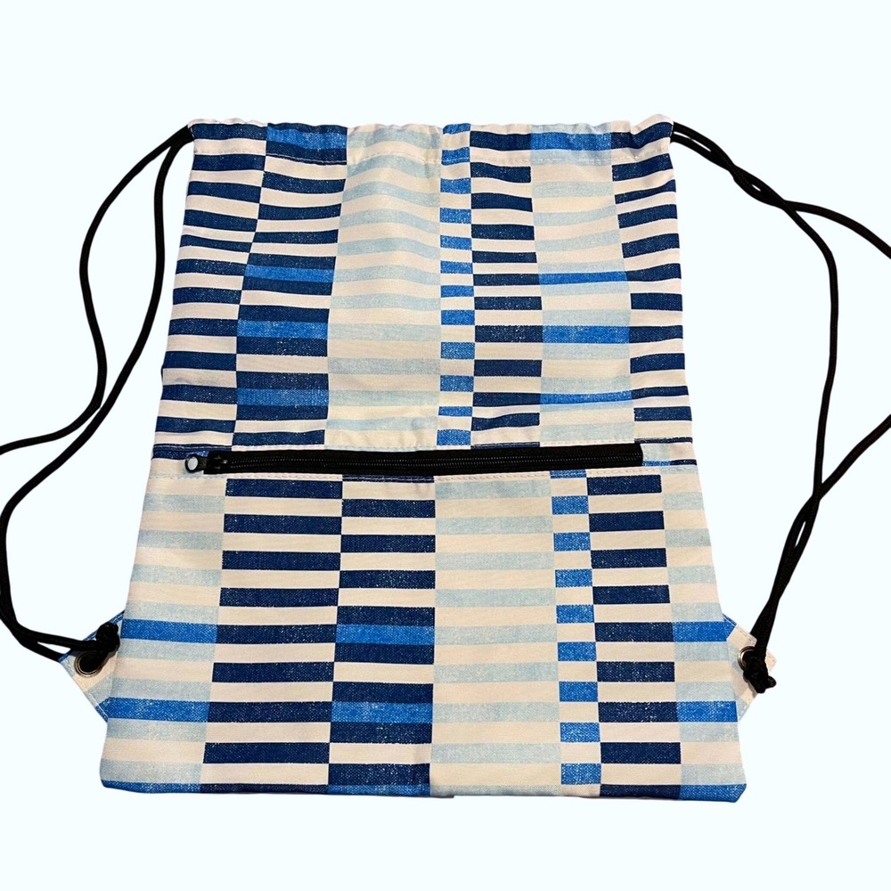 Scout Drawstring Backpack Unisex OS Blue White Geometric Stripe Cinch Bag Pocket - Picture 3 of 6